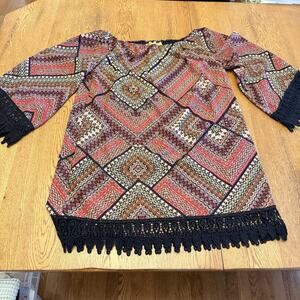 Wrangler Tunic Dress Geometric Crochet Accent Multicolor Knit Short M Women